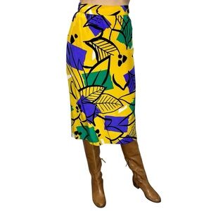 Vintage 100% Italian silk yellow purple green black floral print midi skirt 6